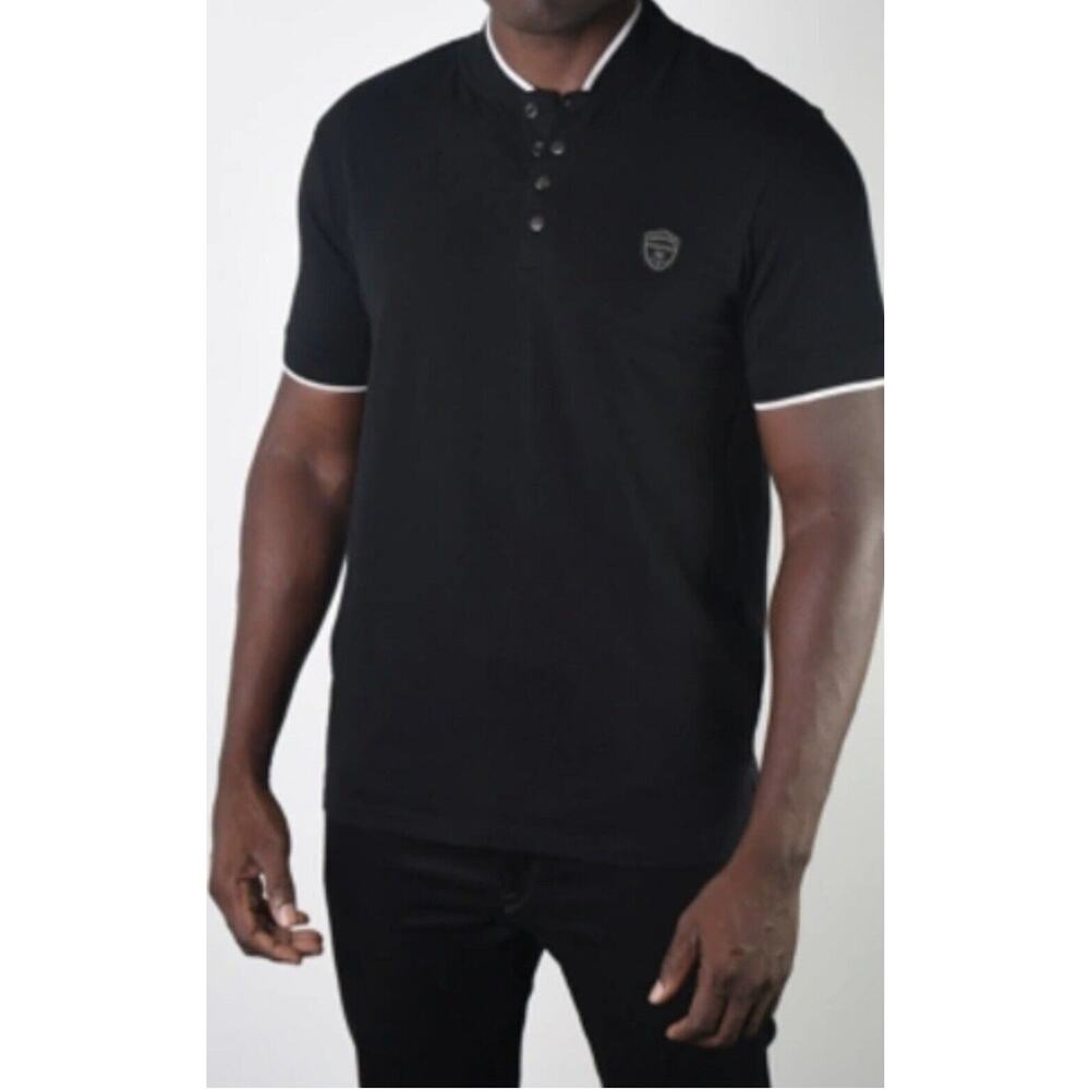 Members Only Men's XXL Look Teddy Collar Metal Button Polo Shirt BLACK